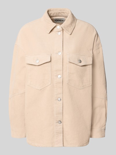 Produktfoto, Loose Fit Hemdjacke aus reiner Baumwolle Modell 'TIGGY' von ONLY in Beige, Cord-Optik, unifarben, sichtbare Knopfleiste, Brusttaschen