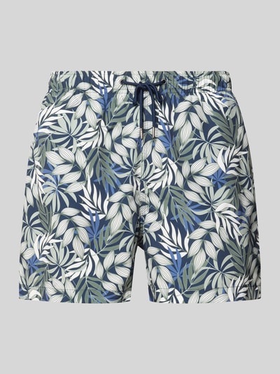 Produktfoto, Badehose im Allover-Look von MCNEAL in Blau, Grün und Weiß mit elastischem Bund und Tunnelzug, Regular Fit, Blattmuster
