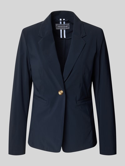 Produktfoto, Slim Fit Blazer mit Knopfverschluss von WHITE LABEL aus materiału z dodatkiem stretchu, krój slim fit, kołnierz z klapami, kieszenie z wypustką, długość pleców w rozmiarze 36: 61 cm, szerokość w rozmiarze 36: 50 cm, długość rękawa w rozmiarze 36: 61 cm, kolor ciemnogranatowy, gładka tekstura, klasyczne linie