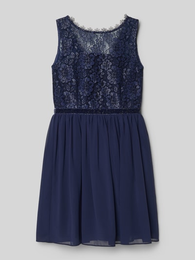 Productfoto, knielang blauw 'Knielanges Kleid mit Rundhalsausschnitt' van Happy Girls, getailleerd, met kanten bloemen, wijd uitlopend rokgedeelte, ritssluiting