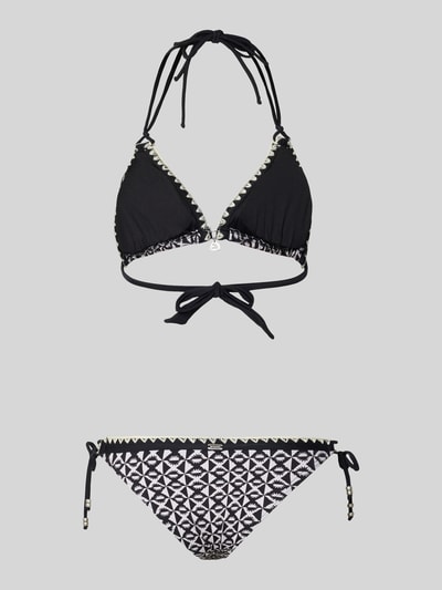 Produktfoto, Bikini mit Neckholder Modell 'BLUCOSTORA' von Banana Moon, czarno-biały, materiał z dodatkiem stretchu, dopasowany krój, detal z logo, sznurkowe wiązanie