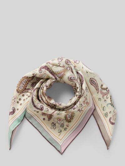 Produktfoto, Seidentuch aus reiner Seide mit Allover-Paisley-Print von FRAAS, rechteckige Form, pastellige Farben, feine glatte Textur.