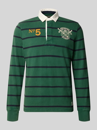 Produktfoto, Rugby-Shirt mit Polokragen im Allover-Look von Superdry in Grün mit dunkelblauen Streifen, reine Baumwolle, Regular Fit, Longsleeve, Knopfleiste, Herrenmodell, Rückenlänge bei Größe M 70 cm