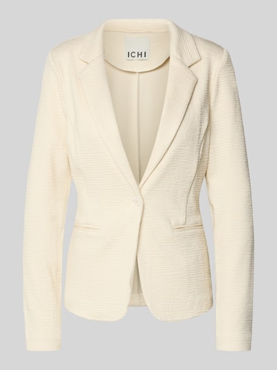 Produktfoto, kremowy żakiet Slim Fit Blazer aus Viskose-Mix Modell 'KATE LUMINA' od ICHI, mieszanka wiskozy z dodatkiem streczu, krój slim fit, kołnierz z połami, zapięcie na guzik, kieszenie z wypustkami, długość tyłu w rozmiarze S: 59 cm, szerokość w rozmiarze S: 43 cm, długość rękawów w rozmiarze S: 49 cm