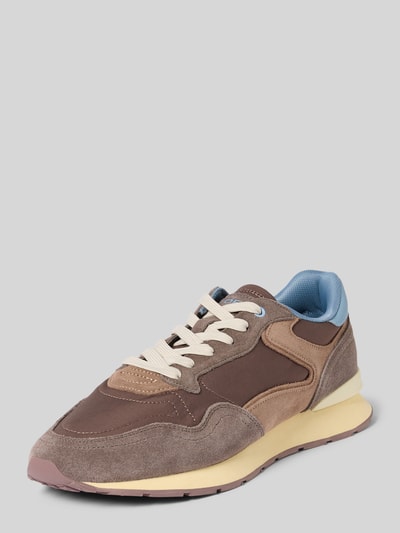 Produktfoto, Sneakersy z mieszanki skóry i tkaniny Model 'City Retro' od HOFF, wiązane, zaokrąglony czubek, beżowo-brązowe barwy, wysokość obcasa 3 cm, wysokość cholewki 11 cm, szerokość w rozmiarze 44: 6 cm
