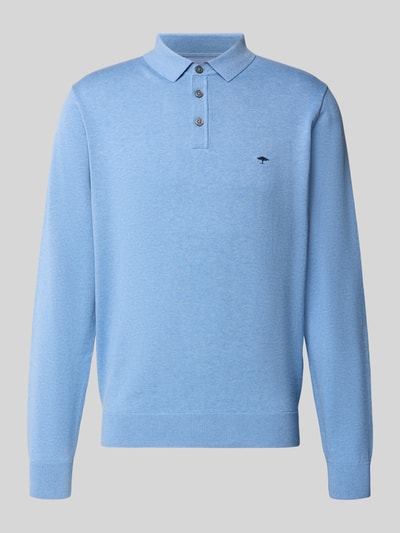 Produktfoto, hellblauer Strickpullover mit Polokragen und Knopfleiste von Fynch-Hatton, reine Baumwolle, Regular Fit, dezentes Label-Stitching, strukturierte Oberfläche