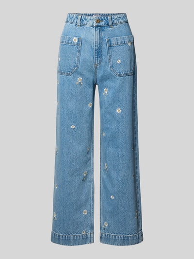 Produktfoto, Jeans in verkürzter Passform mit Stitchings von Jake*s Casual in hellem Blau, gerader Schnitt, Blumenmuster, sichtbare Eingrifftaschen.