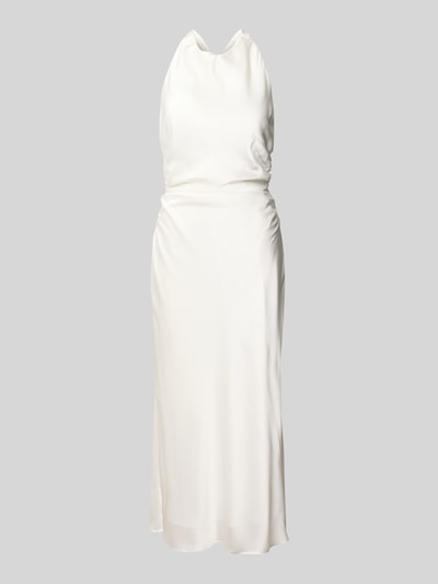 Produktfoto, Slim Fit Midikleid aus Satin von Hey Kyla in Weiß mit Raffung, Rückenausschnitt und Neckholder, glatte Satin-Optik