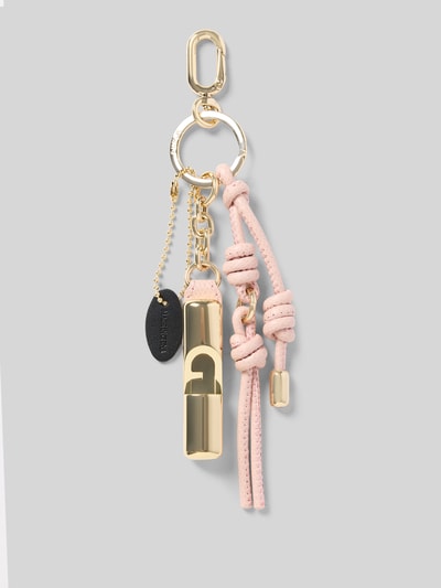 Productfoto, sleutelhanger met karabijnsluiting, labeldetail, model 'IRIDE' van Furla, dames sleutelhanger, goud en lichtroze, glad en glanzend oppervlak