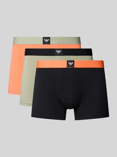 Produktfoto, Trunks mit elastischem Logo-Bund im 3er-Pack von Emporio Armani aus Baumwoll-Elasthan-Mix, körpernaher Schnitt, unterschiedliche Farben.
