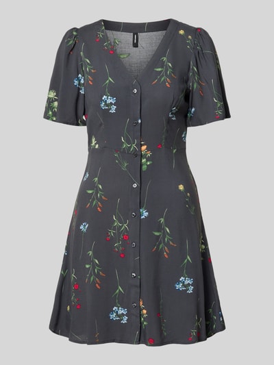 Produktfoto, Leicht ausgestelltes Minikleid aus reiner Viskose Modell 'ALBA' von Vero Moda in Dunkelgrau mit Blumenmuster, Knopfleiste, Taillengürtel, V-Ausschnitt, kurze weite Ärmel, unifarbene Optik, glatte Oberfläche, Mini-Länge