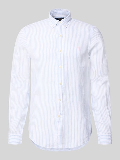 Productfoto, Slim Fit Vrijetijdsoverhemd uit puur linnen van Polo Ralph Lauren, meerkleurig gestreept, button-downkraag, enkelvoudige knoopsluiting, logodetail, achterpas met cacharelplooi, sportmanchet, afgeronde rompzoom, gevlamd garen, materiaal: linnen