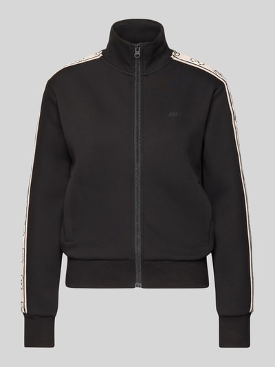 Produktfoto, schwarze Regular Fit Sweatjacke mit Stehkragen Modell 'Britney' von Guess Activewear, Baumwoll-Mix, Logo-Detail, elastische Abschlüsse