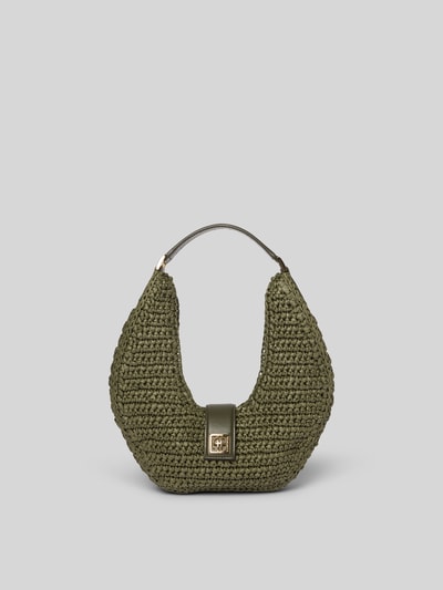 Produktfoto, Shopper mit Klickverschluss von Anine Bing aus reiner Zellulose mit Zopfmuster und Rindsleder-Besatz, grün, Breite 31 cm, Länge 33 cm, Tiefe 8 cm.