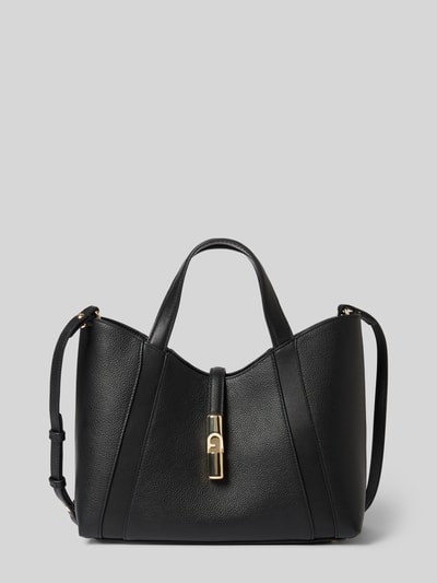 Produktfoto, torebka Handtasche mit Applikation Modell 'GOCCIA' von FURLA w kolorze czarnym, faktura ziarnistej skóry, złote okucia, główna przegroda otwarta, uchwyty, regulowany pasek na ramię, aplikacja, przegródka zapinana na zamek błyskawiczny wewnątrz, szerokość w rozmiarze 1: 28 cm, długość w rozmiarze 1: 23 cm, głębokość w rozmiarze 1: 11 cm, długość paska na ramię w rozmiarze 1: 97 cm