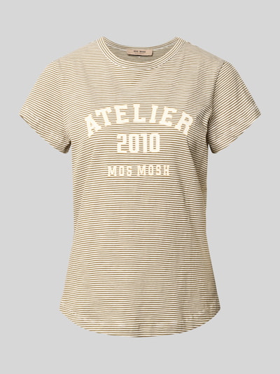 Produktfoto, Regular Fit T-Shirt mit Logo-Print Modell 'Camp' von MOS MOSH für Damen aus reiner Baumwolle, beiges Weiß gestreift, Rundhalsausschnitt, Rückenlänge 62 cm in Größe S.
