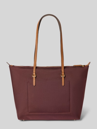 Produktfoto, bordowa Tote Bag mit Label-Applikation Modell 'KEATON' von Lauren Ralph Lauren, gładka tekstura, skórzane uchwyty, szerokość 37 cm, długość 28 cm, głębokość 13 cm, długość paska 54 cm, zamknięcie na zamek, prostokątny kształt