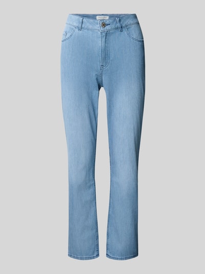 Produktfoto, Slim Fit Jeans mit Eingrifftaschen von Christian Berg Woman aus hellblauem Baumwoll-Mix mit feinem Streifenmuster, Ankle Length, Stretch-Anteil, Frontansicht.