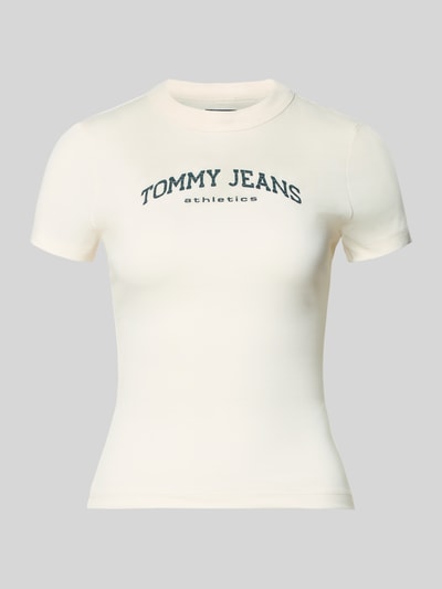 Produktfoto, Slim Fit T-shirt uit katoenmix Model 'SLIM VARSITY' van Tommy Jeans, look: effen, pasvorm: slim fit, labelprint, ronde hals, korte mouw, katoenmix