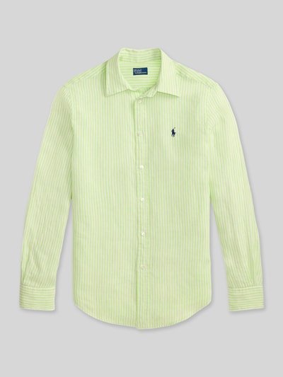 Produktfoto, Bluzka koszulowa z lnu 'Hemdbluse aus reinem Leinen' od Polo Ralph Lauren, jasnozielony wzór w paski, luźny krój, kołnierzyk koszulowy, listwa guzikowa, wyhaftowane logo, długość tyłu w rozmiarze S 70 cm, długość rękawów w rozmiarze S 62 cm