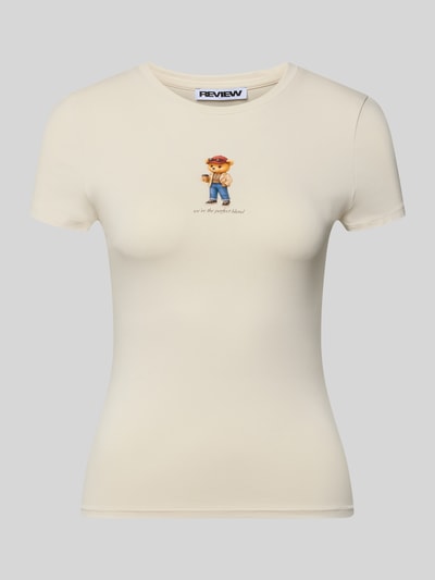 Produktfoto, Slim Fit T-Shirt mit Logo-Print Modell 'Sweet' von Review, elastyczna mieszanka bawełny, krój slim fit, okrągły dekolt, długość tyłu w rozmiarze S: 52 cm