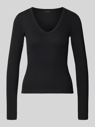 Produktfoto, schwarzes, figurbetontes Damenoberteil aus glattem Baumwoll-Mix, V-Ausschnitt, Slim Fit Langarmshirt aus Baumwoll-Mix Modell 'CHLOE' von VERO MODA, bluzka z długim rękawem