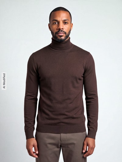 Männermodel trägt Regular Fit Rollkragenpullover aus Viskose-Mix Modell 'WYLER' von ONLY & SONS in Dunkelbraun, Ganzkörperansicht von vorne, KI-modifiziertes Bild.