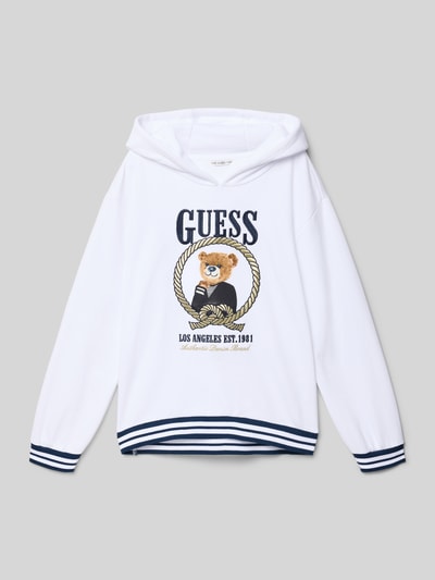 Productfoto, Regular Fit Hoodie met Logo-Stitching van Guess, wit katoen, elastische boorden, blauwe details, kinderhoodie.