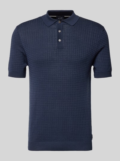 Produktfoto, Slim Fit Poloshirt in Strick-Optik Modell 'Vanceo' von JOOP! Collection, Reine Baumwolle, dunkelblau, kurzärmelig, strukturierte Oberfläche, Rückenlänge bei Größe M 72 cm