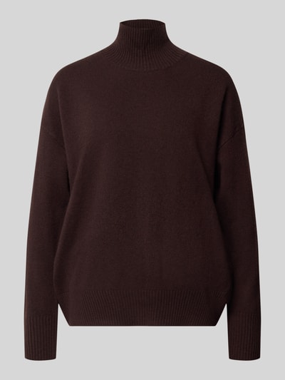 Produktfoto, Oversized Fit Strickpullover aus reiner Wolle mit Stehkragen von Stefanel in Dunkelbraun, elastische Abschlüsse, Struktur glatt