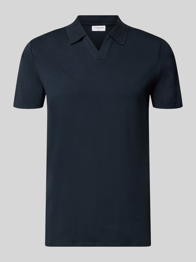 Produktfoto, Slim Fit Poloshirt mit V-Ausschnitt von Lindbergh in dunklem Blau, Baumwoll-Elasthan-Mix, glatte Textur, Polokragen