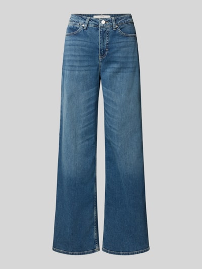 Produktfoto, blauwe straight fit damesjeans van someday, katoenmix met stretch, 5-pocketmodel, model 'Cellma', knoop- en ritssluiting, bandwijdte maat 36 39 cm, binnenbeenlengte maat 36 79 cm
