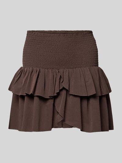 Productfoto, Minirok met volantzoom model 'Carin' van Neo Noir, A-lijn, elastische taille met smockdetails, effen bruin, zachte stof