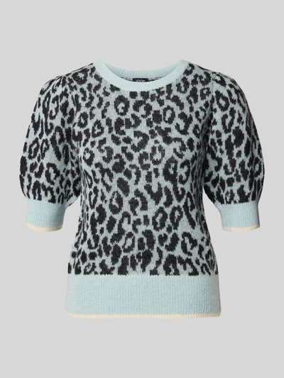 Productfoto, Regular Fit Top in brei-look met alpacawol-model 'Kaston' van JOOP!, all-over animal-stitch, half lange mouw, ronde hals, elastische boorden, lichtblauw en zwart, context: dames top, materiaal mix met alpacawol, ruglengte maat 36: 54 cm, mouwlengte maat 36: 33 cm