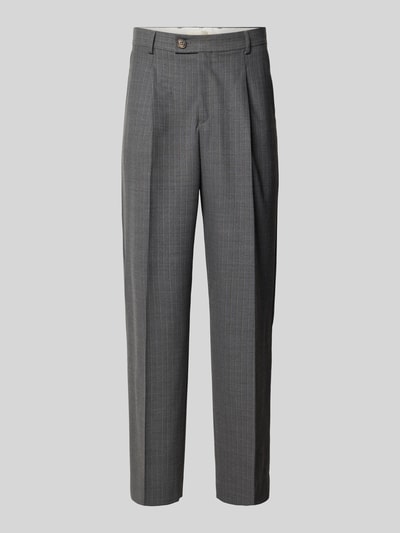 Produktfoto, Straight Fit Stoffhose mit Bundfalten von ANNARR in Grau mit feinen Streifen, Eingrifftaschen, Leistentaschen am Gesäß, Knopf- und Reißverschluss, neutrale Textur.