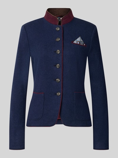 Productfoto, Blazer uit wolmix met pochet van White Label, donkerblauw met rode accenten, getailleerd, korte staande kraag, knoopsluiting, opgestikte zakken, borstzak, dames blazer, context: getailleerde snit, lengte 52 cm, borstwijdte 46 cm, mouwlengte 64 cm
