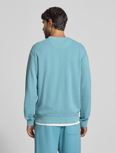 Männermodel trägt Regular Fit Sweatshirt aus Baumwoll-Mix von Scotch & Soda in Hellblau mit elastischen Abschlüssen, Ganzkörperansicht Rückansicht.