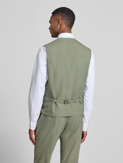 Männermodel trägt Weste aus Schurwoll-Mix von CG - Club of Gents in Hellgrün, feine Textur, Rückenlänge 63 cm, Ganzkörperansicht Rückansicht. Herren, Schurwoll-Elasthan-Mix, Slim-Fit, Durchgehende Knopfleiste, V-Ausschnitt, Brust- und Leistentaschen.