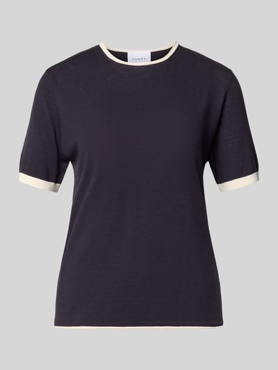 Produktfoto, Strickshirt mit Rundhalsausschnitt von Comma aus Viskose-Mix in Dunkelblau mit Kontraststreifen, Damen, Slim-Fit