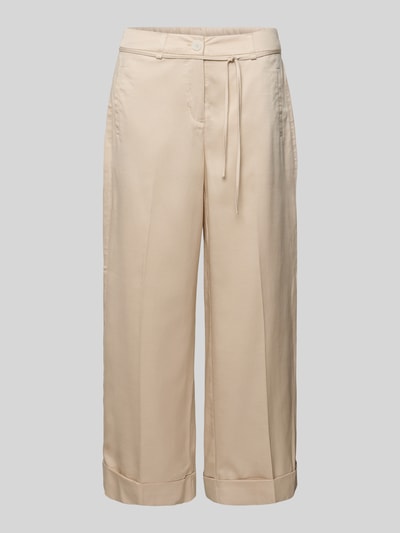 Produktfoto, Wide Leg Pants mit Bindegürtel Modell 'Meeri bloom' von OPUS, mieszanka lyocellu i bawełny, beżowy kolor, wpuszczane kieszenie, zapięcie na guzik i zamek błyskawiczny, szerokość w rozmiarze 36: 40 cm, długość wewnętrzna nogawki 68 cm