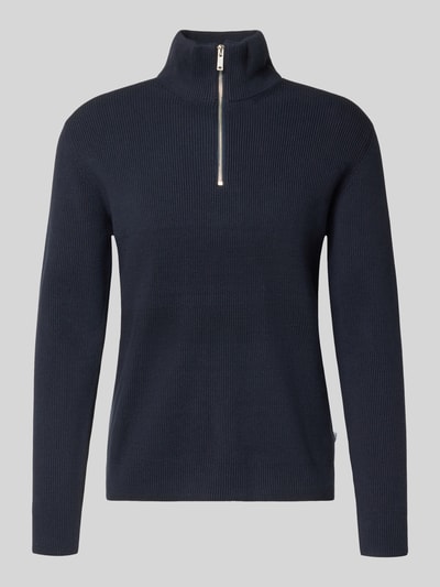 Produktfoto, Strickpullover mit Stehkragen und Reißverschluss von Lindbergh in Dunkelblau, Ripp-Optik, Baumwoll-Mix, Regular Fit