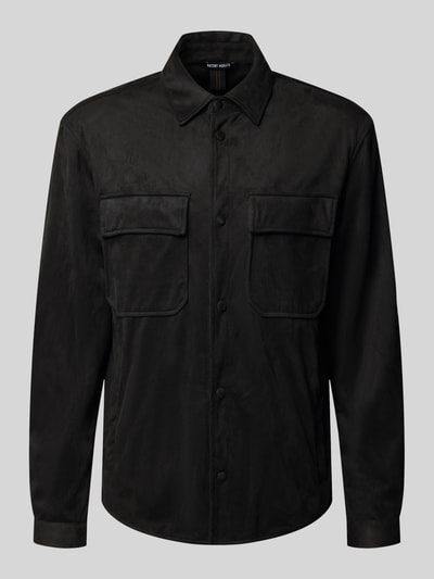 Produktfoto, Regular Fit Hemdjacke in Leder-Optik Modell 'Dakar' von Antony Morato, czarna, długie rękawy, kieszenie na piersi, kołnierz kent, długość tyłu w rozmiarze 50: 73 cm