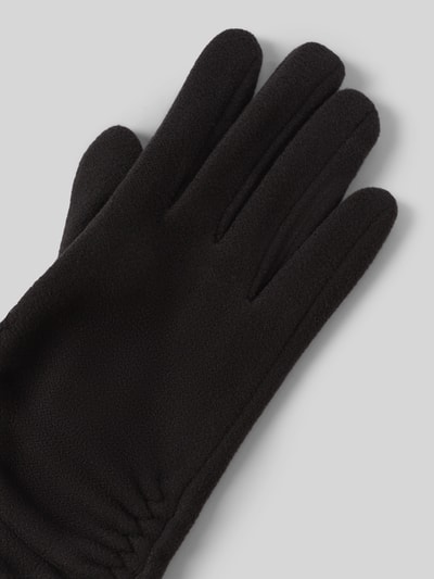Produktfoto, schwarze Handschuhe aus elastischem Material-Mix mit Raffungen von EEM, glatte Oberfläche, Details im Kontext Damen Handschuhe
