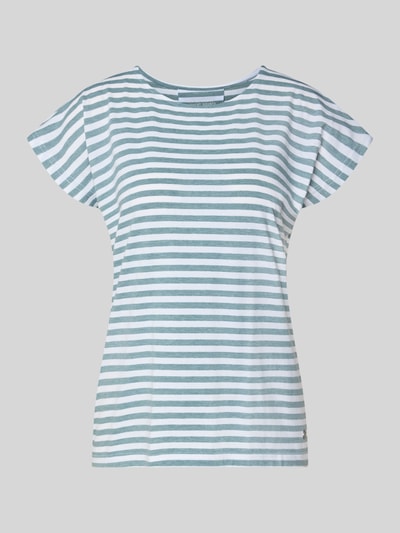 Produktfoto, Regular Fit T-Shirt mit Rundhalsausschnitt von G.I.G.A. DX, elastyczna mieszanka materiałów z mieszanką bawełny, krój regular fit, okrągły dekolt, taliowany, długość tyłu w rozmiarze 36: 60 cm, poziome paski w odcieniach bieli i szarości, gładka tekstura.