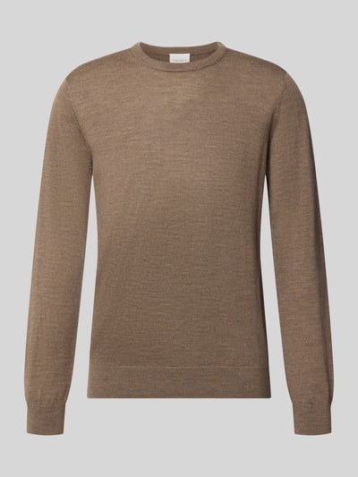 Produktfoto, Regular Fit Strickpullover aus reiner Wolle von Profuomo, braune Farbe, feine Textur, Rundhalsausschnitt, elastische Abschlüsse
