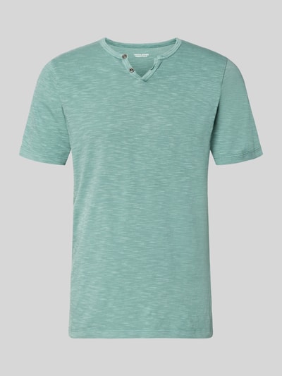 Produktfoto, mintgrünes T-Shirt aus Baumwolle Modell 'SPLIT' von Jack & Jones, V-Ausschnitt, Knopfverschluss, gerader Schnitt, glatte Struktur