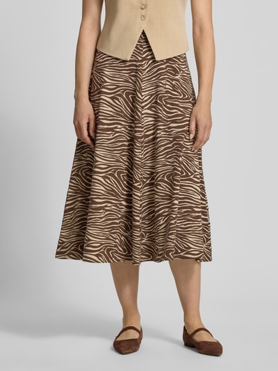 Vrouwenmodel draagt rok met bruin-beige zebraprint van katoenmix, Midi-Rock aus Baumwoll-Mix Modell 'ILENIAA LARAA' van Armedangels, dames, detailopname onderlichaam