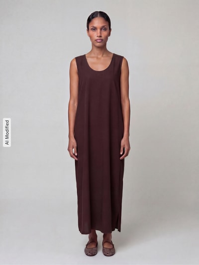Frauenmodel trägt Midikleid aus Viskose-Leinen-Mix Modell 'Lavisco' von FREE/QUENT in Braun, A-Linie, Rundhalsausschnitt, Ganzkörperansicht von vorne. Rückenlänge 128 cm, Brustweite 51 cm, schlichte Textur, dezente Farbgebung.