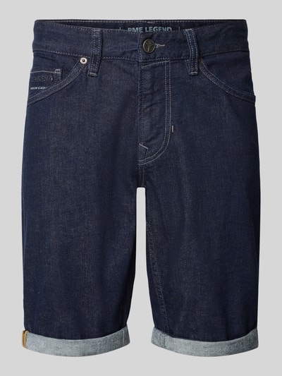 Produktfoto, Regular Fit Jeansshorts im 5-Pocket-Design van PME Legend, heren korte jeans van mix van katoen en elastaan, model 'NIGHTFLIGHT', knoop- en ritssluiting, bandwijdte maat 32: 43 cm, binnenbeenlengte maat 32: 25 cm, donkerblauw met lichte omgeslagen zoom, egale structuur