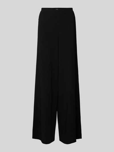 Produktfoto, schwarze Wide Fit Stoffhose mit teilelastischem Bund Modell 'Coraline' von MAC, glatte Oberfläche, sichtbare Nähte, elastischer Material-Mix, Eingrifftaschen mit Reißverschluss, Straight-Leg-Form, Damen Stoffhose, neutrales hellgraues Fotostudio-Hintergrund.